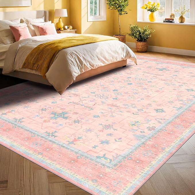 Washable Pink and Blue 9x12 Oushak Rugs for Living Room Rug Bedroom Girls, Modern Floral Aethestic Distressed Design, Soft Faux Wool Low Pile Non Slip Stain Resistance Carpet