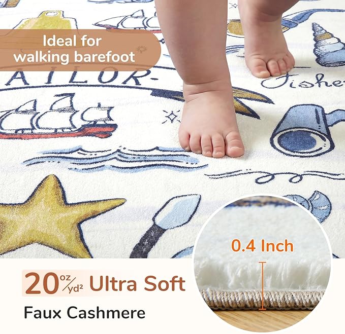 OPPODREAM Nautical Soft Area Rugs 5x7, Washable White Rug with Non Slip Backing, 5 x 7 Faux Cashmere Low-Pile 5x7 Carpet