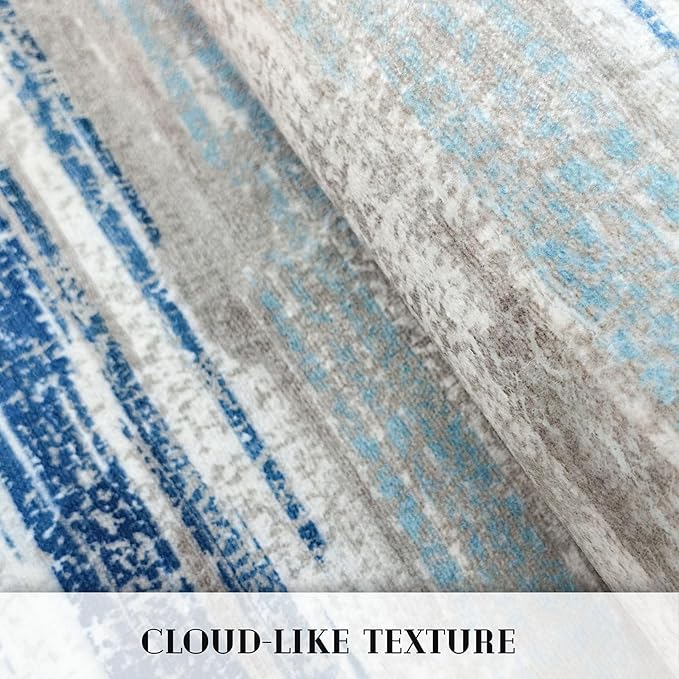 Lansny Modern Abstract 8x10 Large Machine Washable Living Room Rug Non-Slip Soft Bedroom Area Rug Blue Ultra Thin Print Faux Wool Carpet Throw Rugs for Nursery Playroom Dining Room Indoor Office