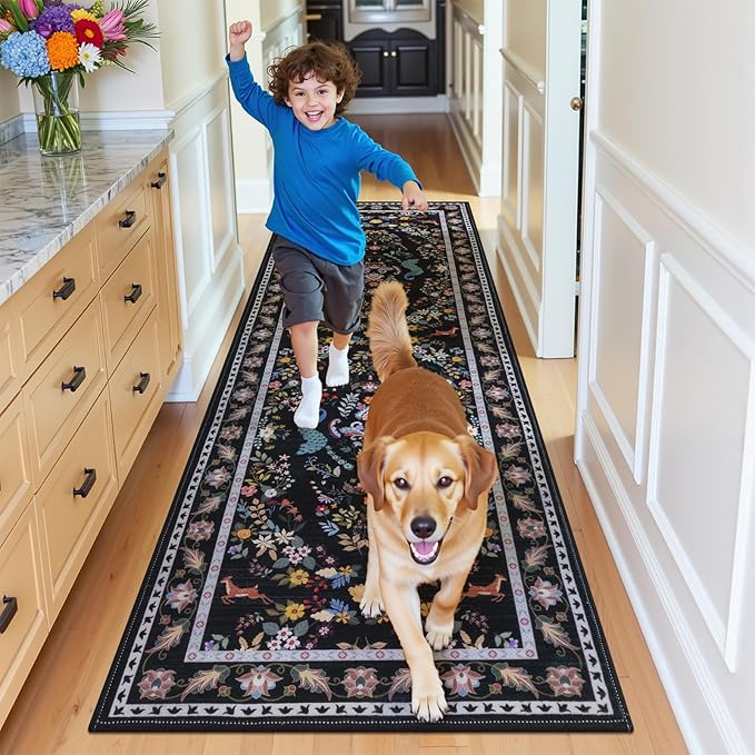 HEBE Washable Hallway Runner Rug 2'x 6' Non Slip Kitchen Rugs Runner,Low Pile Entryway Rug Laundry Room Mat Floral Carpet Runners for Hallways, Kitchen,Bathroom,Laundry,Bedside Rug
