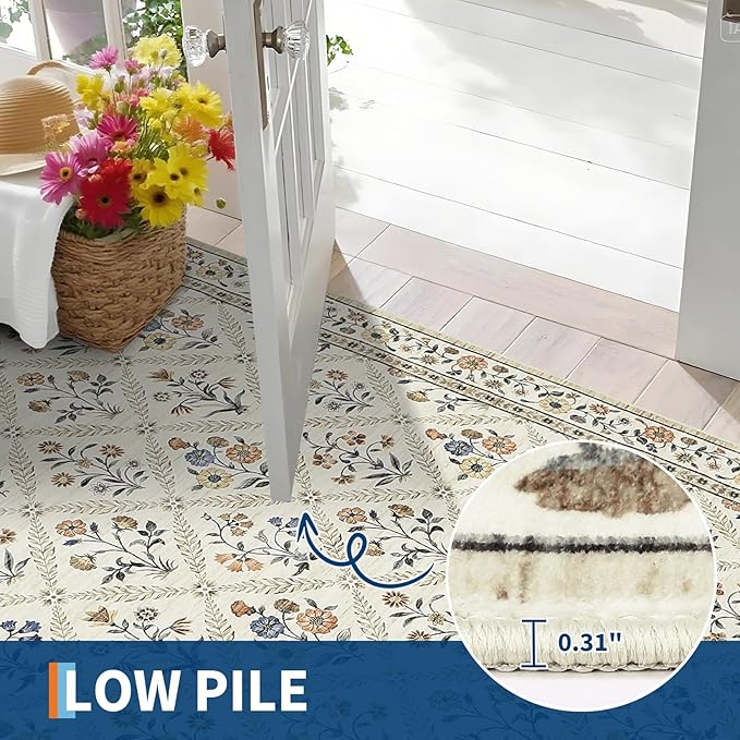 Washable Kitchen Rugs Non Slip 2x6 Hallway Runner Rug Stain Resistant Low Pile Floral Floor Rug with Rubber Backing Non Shedding Runners for Indoor Entryway Bedside Bedroom Farmhouse RV Beige Sand