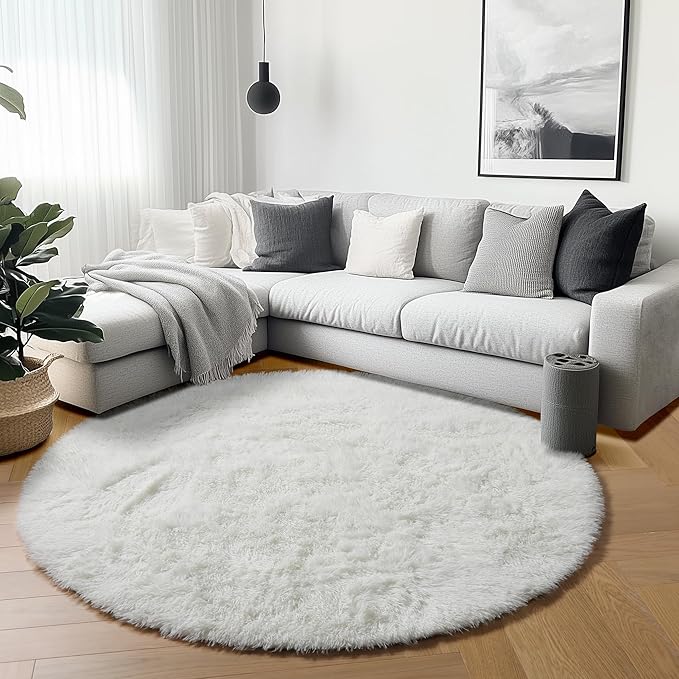 ONASAR Cream White Round Rugs 5ft for Bedroom Living Room, Ivory Fluffy Circle Area Rug for Kids Girls Boys Teen, Soft Plush Shaggy Carpet for Nursery Dorm Classroom Playroom Home Decor Aesthetic