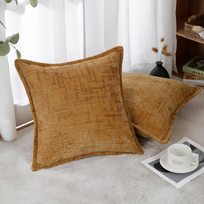 HPUK Fall Chenille Soft Throw Pillow Covers 18x18 Set of 2, Accent Cushion Covers for Living Room, Bedroom, Decorative Solid Color Pillow Covers for Couch, Sofa, Chair, Mustard Yellow