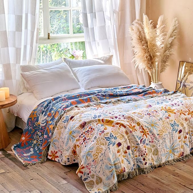 MSGKV Boho Throw Blanket for Couch 100% Cotton 50"x60" Floral Blanket Sofa Chair Throws Spring Breathable Lightweight Farmhouse Blankets Home Decor All Seasons