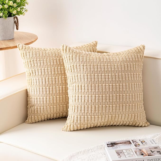 Pack of 2 Corduroy Decorative Throw Pillow Covers 18x18 InchSoft Boho Striped Pillow Covers Modern Farmhouse Home Decor for Sofa Living Room Couch Bed(Beige)
