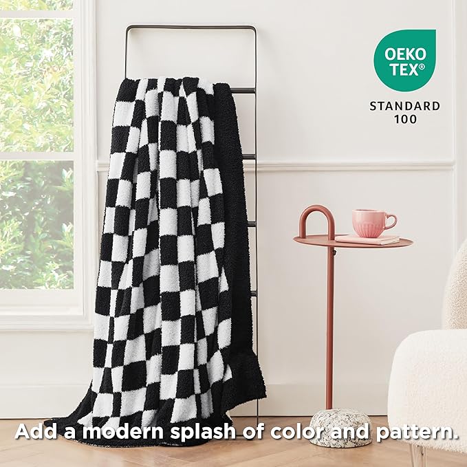 Bedsure GentleSoft Checkered Twin Blanket for Couch - Super Soft Cozy & Warm Knit Throw Blanket, Breathable, Lightweight & Fluffy Plaid Blanket for Bed, Sofa, Gifts for Women Men, Black, 60x80 Inches