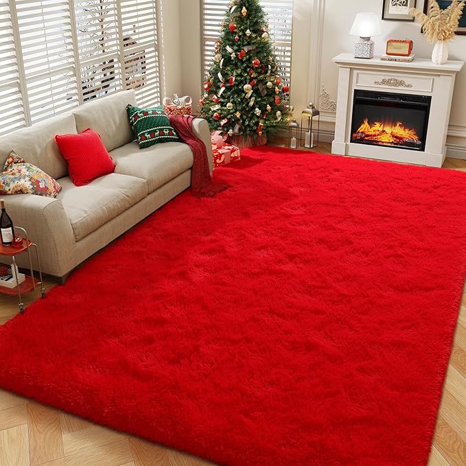 Amearea Premium Soft Fluffy Rug Modern Shag Carpet, 5.3x7.5 Feet, Fuzzy Plush Rugs for Living Room Bedroom Kids Room Home Decor, Nursery Non Slip Indoor Shaggy Carpets, Red