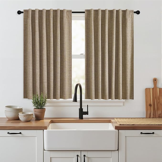 RYB HOME Burlap 100% Blackout Short Curtains 52 Width 45 inch Length, Light Blocking & Thermal Insulated Curtains for Kitchen/Small Window/Bathroom/Basement, 2 Panels