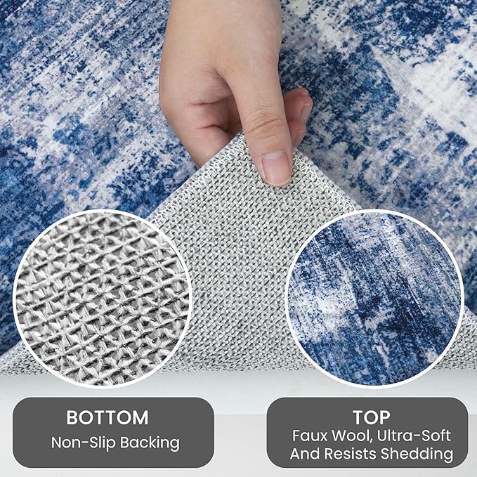 IOHOUZE Abstract Runner Rug 2x10 Ft Washable Runners for Hallways, Non Slip Kitchen Runner Printed Faux Wool Entryway Runner Indoor, Modern Abstract Floor Carpet for Hall Kitchen, Navy/Grey