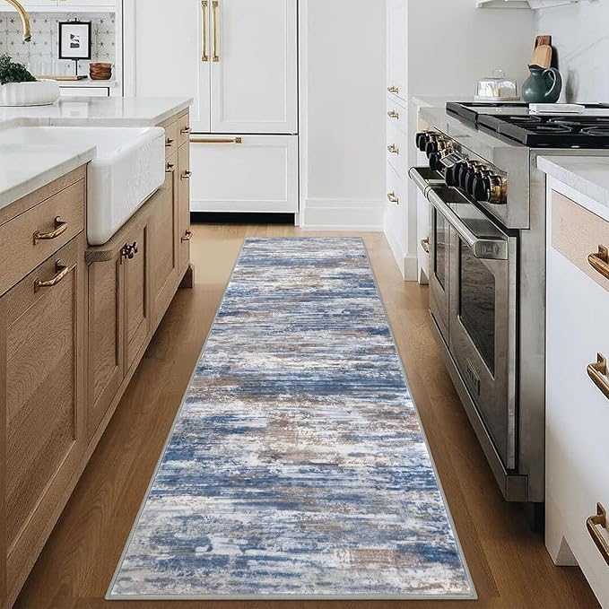 KOZYFLY Modern Abstract Hallway Runner Rug, 2.6x8 Washable Rug Runner Non-Slip Soft Striped Kitchen Runner Rugs, Print Blue Rust Carpet Runner for Entryway Bathroom Laundry Room Foyer