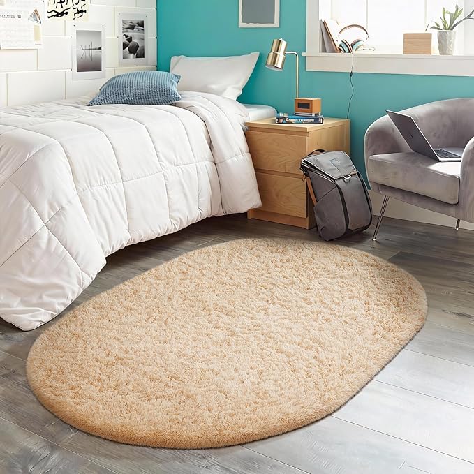 Ophanie 3x5 Oval Rug, Bedside Preppy Dorm Area Rug, College Essentials Non Slip Beige Small Carpets for Bedroom, Anti Slip Fluffy Living Room Rugs Home Decor Aesthetic, Nursery