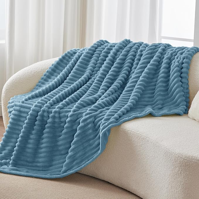 BEDELITE Fleece Throw Blanket for Couch - 300GSM Soft & Warm Fluffy Light Blue Blanket, Decorative and Giftable Striped Blankets for Women, Men, 50"x70"