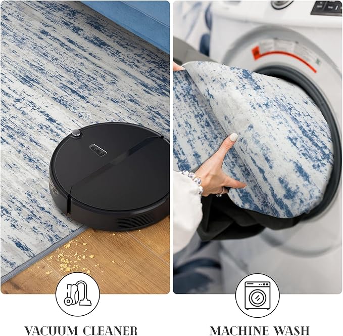 Lansny Modern Abstract Hallway Runner Rug, Blue White Washable Kitchen Runner Non-Slip Soft 2x8 Runner Rug Thin Print Faux Wool Carpet for Entryway Bedroom Laundry Room Indoor Home Decor
