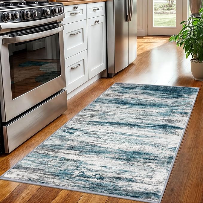 KOZYFLY Modern Abstract 3x5 Entryway Rug Non-Slip Washable Area Rug, Blue Throw Rugs Indoor Mat for High-Traffic Door Entrance, Kitchen, Laundry, Nursery, Soft Bedroom Living Room Accent