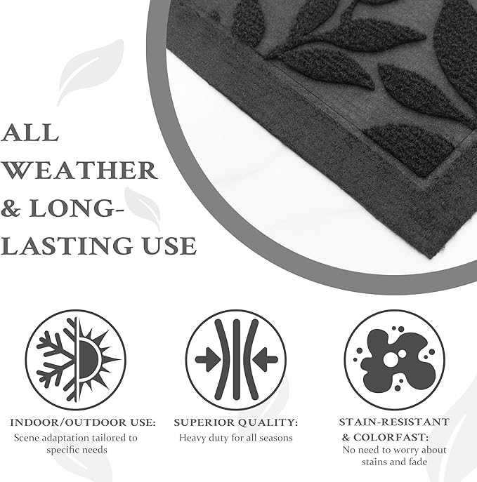 Grey Leaves Outdoor Indoor Entrance Doormats, Absorbent Durable Heavy Duty Welcome Front Door Mat,Thick Natural Rubber Back,Easy Clean Entryway Mat 17x30 Inch, Low Profile