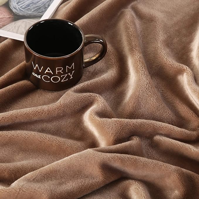 TASTHROW Large Flannel Fleece Throw Blanket, 60×80 Inch - Cozy Lightweight Thick Blanket - All Seasons Suitable for Women, Men and Kids (Light Coffee)