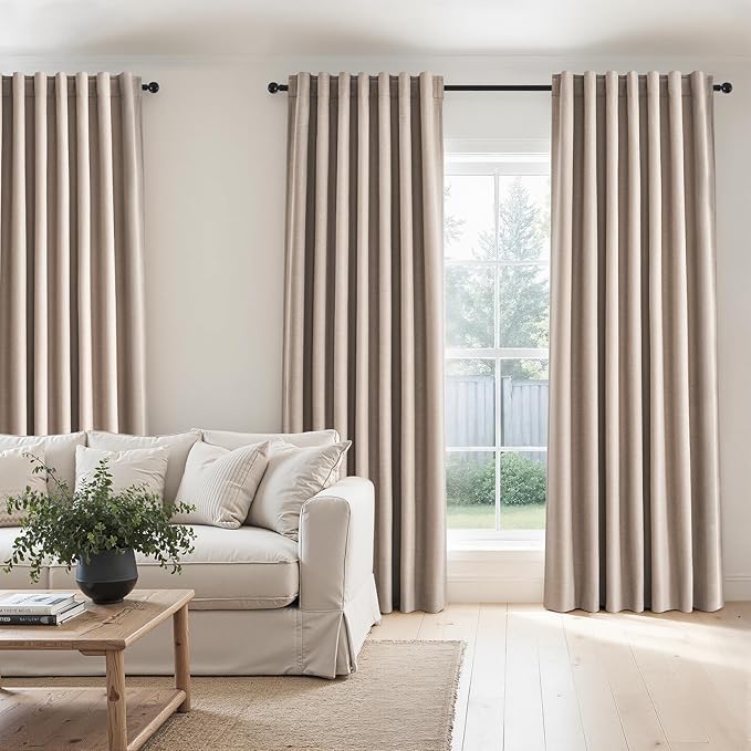 96 inch long blackout window curtains 2 Panels for bedroom 100% Black out Linen texture Curtain Vintage Farmhouse Drapes with Back Tab Rod Pocket Pinch pleated Thermal Insulated Panel for Living Room