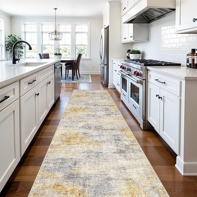 3x10 Washable Kitchen Runner Rug: Modern Abstract Runners for Hallway Soft Non Slip Rugs with Rubber Backing Low Pile Thin Floor Carpet for Entryway Bedroom Bathroom Bedside Indoor(Grey/Yellow,3x10)