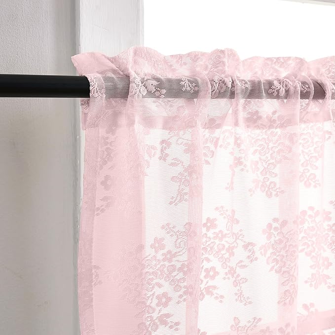 YJ YANJUN Vintage Lace Curtains 30 inch Length 2 Panels - Cute Floral Short Pink Sheer Window Curtain Panels for Little Girls Room Bedroom Princess Cafe Half Curtains Rod Pocket Pink Boho Decor