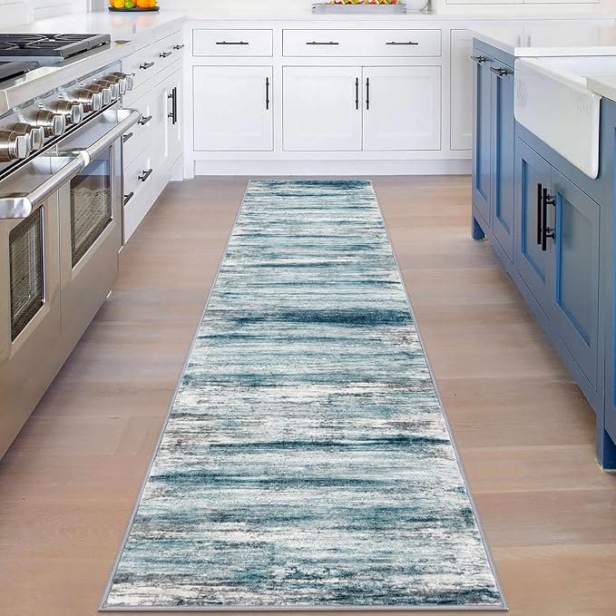 KOZYFLY Modern Abstract Runner Rug, 2x8 Kitchen Rugs Non-Slip Washable Soft Striped Hallway Runner Rugs, Print Blue Carpet Runner for Entryway Bathroom Laundry Room Foyer