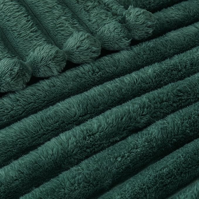 Exclusivo Mezcla Twin Size Flannel Fleece Blanket, Super Soft Striped Jacquard Bed Blanket, Lightweight Fuzzy Cozy for All Seasons, 60x80 Inches, Forest Green