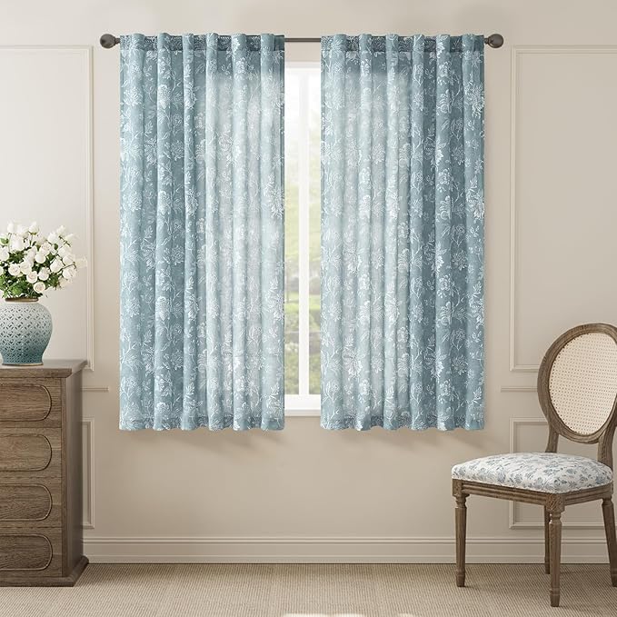 jinchan Linen Floral Curtains for Living Room, 63 Inch Length Curtains with Printed Flower Light Filtering Curtain, Rod Pocket Back Tab Blue Window Treatment Set Bedroom Curtain, 2 Panels Blue