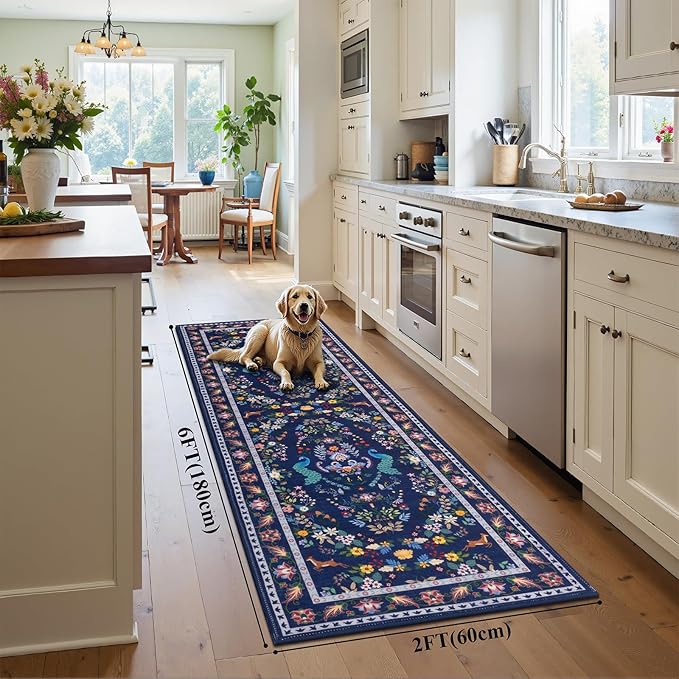 HEBE Washable Hallway Runner Rug 2'x 6' Non Slip Kitchen Rugs Runner,Low Pile Entryway Rug Laundry Room Mat Floral Carpet Runners for Hallways, Kitchen,Bathroom,Laundry,Bedside Rug