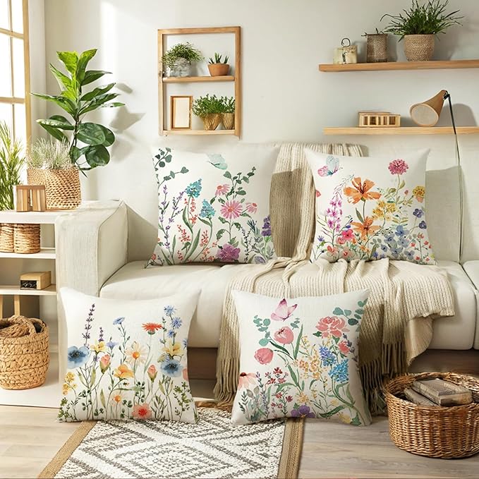 ONFAON Spring Decorations for Home - Spring Pillow Covers 18x18, Outdoor Pillow Covers Springtime Farmhouse Throw Pillow Cover Garden Linen Cushion Case for Home Decor