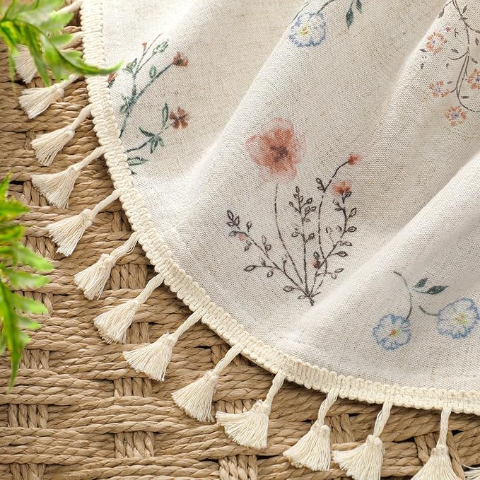 Boho Floral 100% Blackout Curtains 63 Inch Length 2 Panels Set, Linen Texture Farmhouse Curtains Beige Tassel for Living Room Bedroom Vintage Rustic Patterned Printed Western Rod Pocket