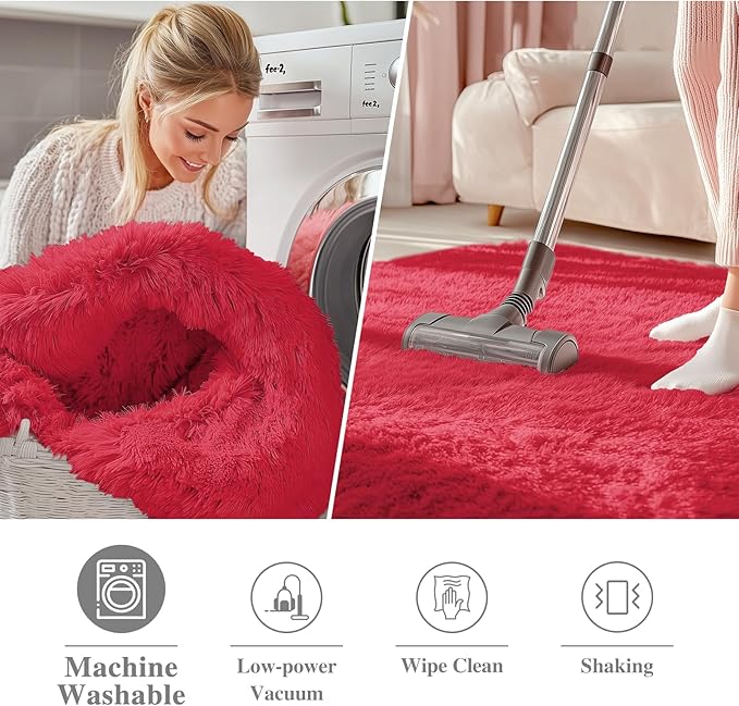 OLANLY Red Round Rugs for Bedroom - Machine Washable, 7 ft Circle Area Rugs for Living Room, Soft and Fluffy Shaggy Carpet for Teen Girls and Boys, Nursery Rooms, Dorms, Home Decor Aesthetic