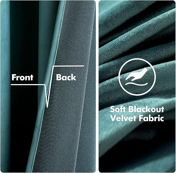 MIULEE 2 Panels Blackout Velvet Curtains Solid Soft Grommet Teal Curtain Thermal Insulated Soundproof Room Darkening Black Out Curtains/Drapes/Panels for Living Room Bedroom 52 x 108 Inch