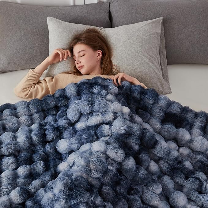 COOVA Faux Fur Throw Blanket for Couch, Cozy Soft and Fuzzy Plush Rabbit Fur Bubble Blanket for Sofa Bedroom Living Room, 60x80 Inches Tie Dye Light Blue