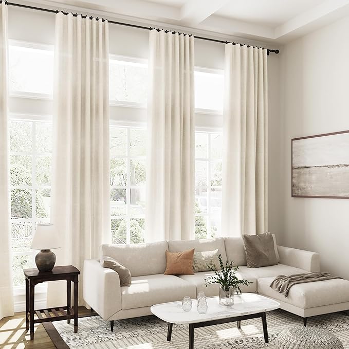Nanspring Warm Beige Linen Curtains Semi Sheer 96 Inches Long 2 Panels Set for Living Room Back Tab Rod Pocket Light Filtering Drape for Bedroom Modern Farmhouse Coastal Decor Protect Privacy 52x96
