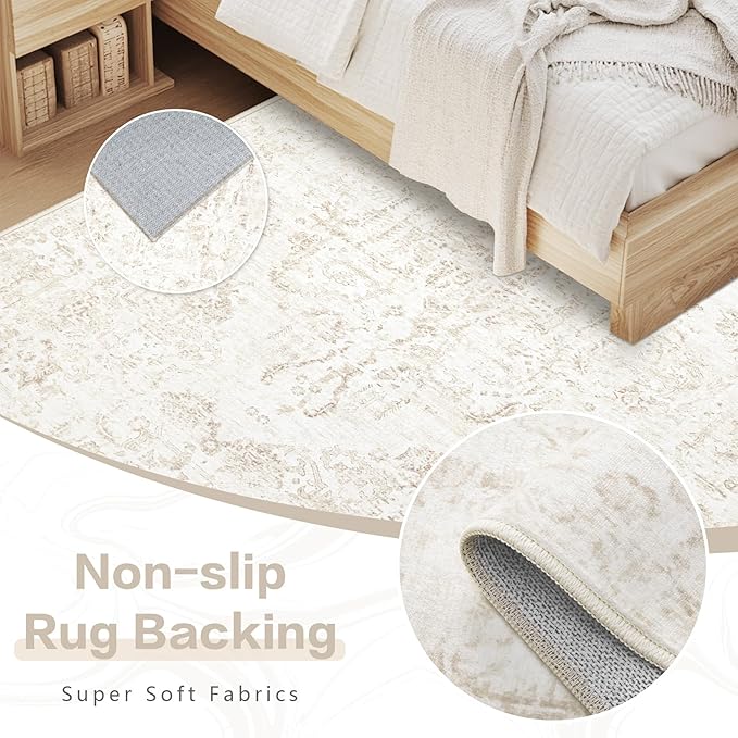 5x7 Area Rugs for Living Room: Washable Rug Vintage Large Rugs Soft Non Slip Low Pile Rug Floral Distressed Floor Carpet for Bedroom Kitchen Nursery Dining Room Home Office (Beige, 5'x7')
