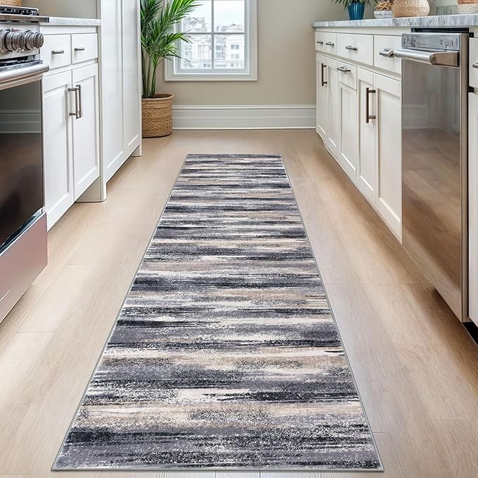 Lansny Modern Abstract Runner Rug 2.6x8, Grey Black Multi Washable Kitchen Runner Non-Slip Soft Hallway Rug Runner Thin Print Faux Wool Carpet for Entryway Bedroom Laundry Room Indoor Home Decor
