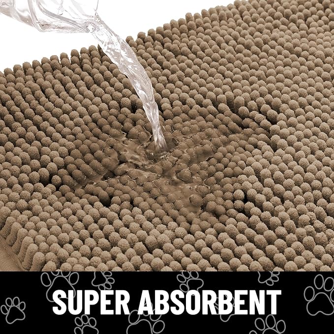 Smiry Dog Door Mat for Muddy Paws, Absorbent Dirt Trapper Non Slip Quick Dry Washable Chenille Mat for Mud Dogs, Entry Rug for Indoor and Outdoor (70x24 Inches, Camel and Black)
