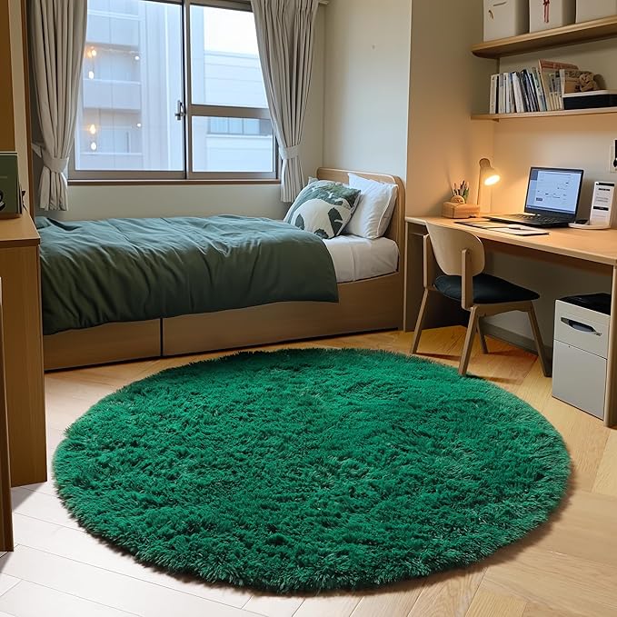 ONASAR Dark Green Round Area Rug 4ft, Soft Bedroom Circle Rugs for Kids Girls Teen Room, Cute Furry Plush Shaggy Carpet for Baby Nursery Living Room Playroom Dorm Christmas Home Decor