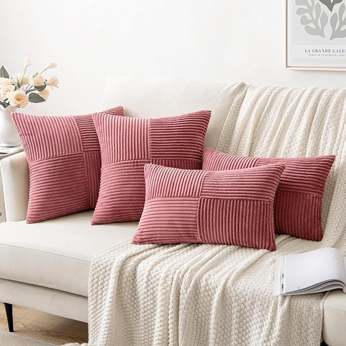 MIULEE Cranberry Red Decorative Throw Pillow Covers 18x18 Inch for Couch Bed Sofa Pack of 2 Boho Farmhouse Throw Pillows Soft Cross Corduroy Patchwork Textured Cushion Cases