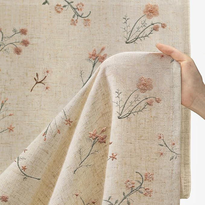 Floral Embroidered Linen Blend Curtains for Bedroom, 84 Inch Light Filtering Spring Farmhouse Vintage Drapes Beige Flower Window Treatments for Living Room Rod Pocket, Set of 2 Panels