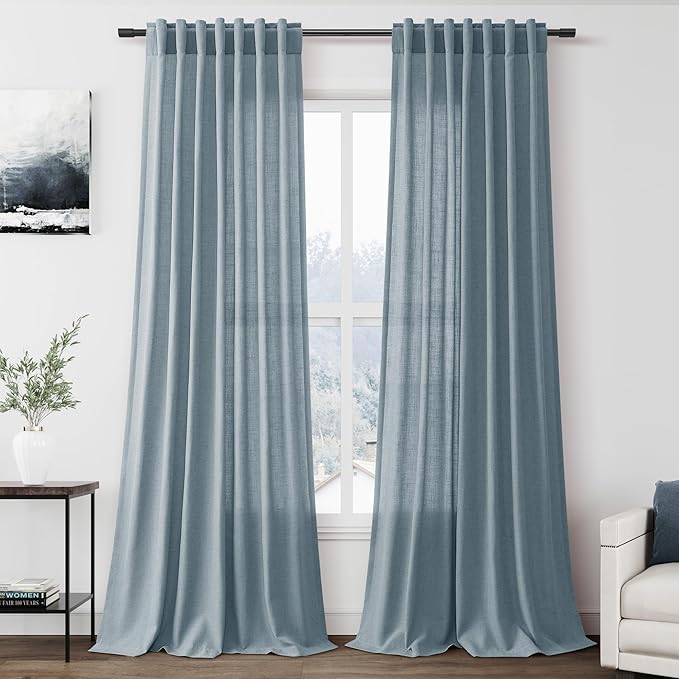 Nanspring Light Blue Linen Curtains for Living Room Bedroom 100 Inches Long Back Tab Rod Pocket Light Filtering Drapes for Protect Privacy Curtain Modern Farmhouse Decor 2 Panels Set 52x100