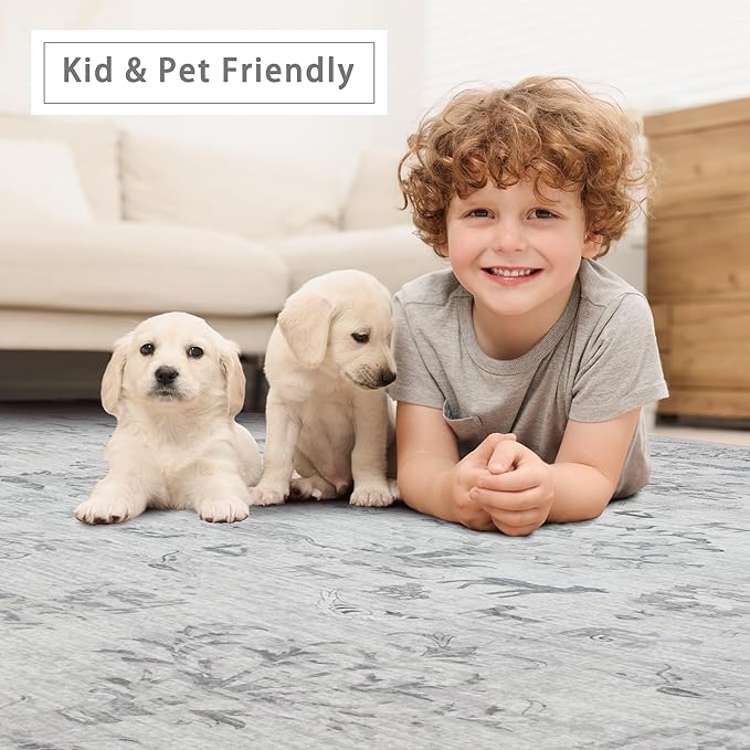 Washable Rugs 8x10 Area Rugs for Living Room,Bedroom,Dining Room- Large Ultra Soft Faux Wool Retro Carpet,Non Slip&Non-Shedding Low Pile Vintage Rug for Home Office Dorm Playroom-Tree Gray