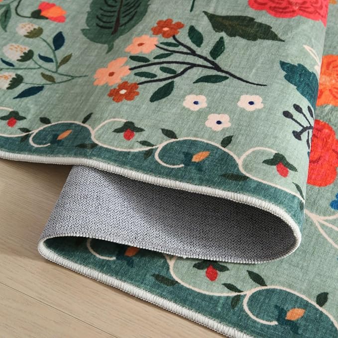 Rugcomf 2x5 Rug Runner - Floral Machine Washable Kitchen Rug, Non-Slip Low Pile Boho Carpet for Hallways, Laundry, Entryway, Bedroom, Bathroom - Green