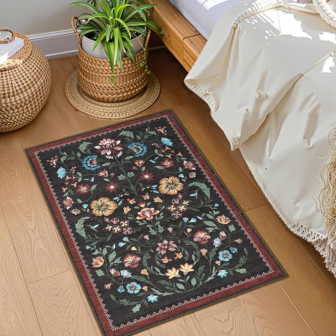GarveeHome Floral Rug for Entryway 2x3 Rugs Machine Washable Boho Small Area Rug Non-Slip Low-Pile Front Door Soft Mat for Entrance, Bedroom, Kitchen, Laundry, Bathroom, Red