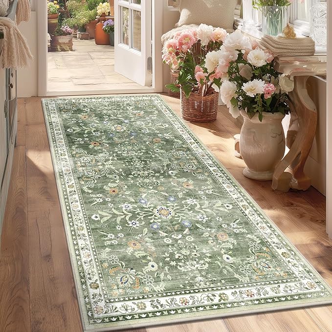 Yamaziot Washable Runner Rug 3x6 – Floral Non Slip Boho Hallway Runner Rug with Rubber Backing, Low Pile Faux Wool Distressed Carpet for Kitchen, Laundry, Bedroom, Entrance, Green