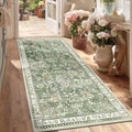 Yamaziot Washable Runner Rug 3x6 – Floral Non Slip Boho Hallway Runner Rug with Rubber Backing, Low Pile Faux Wool Distressed Carpet for Kitchen, Laundry, Bedroom, Entrance, Green