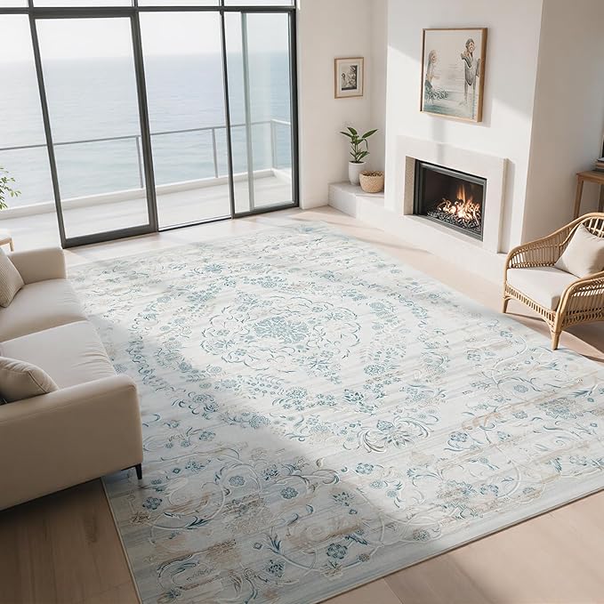 Washable Rugs 8x10 Area Rugs for Living Room-Modern Abstract Rugs for Bedroom,Dining Room,Ultra Soft Low Pile Large Carpet with Non Slip Rubber Backing,Neutral Accent Rug for Nursery Home Office