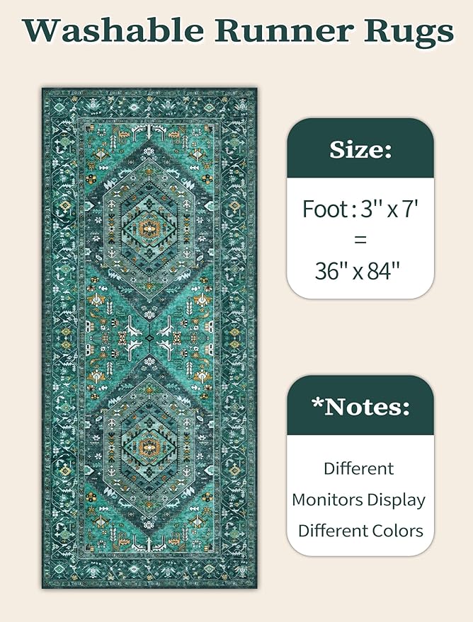 SERISSA Boho Kitchen Runner Rug, 3x7 Washable Non-Slip Runner Rug for Hallways Kitchen Rug, Ultra Soft Vintage Teal Print Distressed Tribal Floor Carpet Runner for Bedroom Entryway Laundry Room