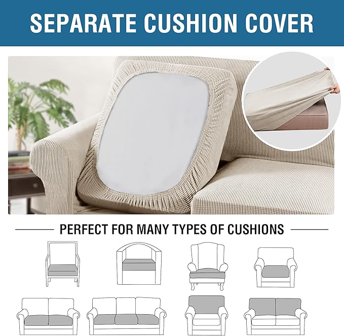 H.VERSAILTEX 4 Piece Stretch Sofa Covers for 3 Cushion Couch Covers for Living Room Furniture Slipcovers (Base Cover Plus 3 Seat Cushion Covers) Upgraded Thicker Jacquard Fabric (Sofa, Island Fossi)