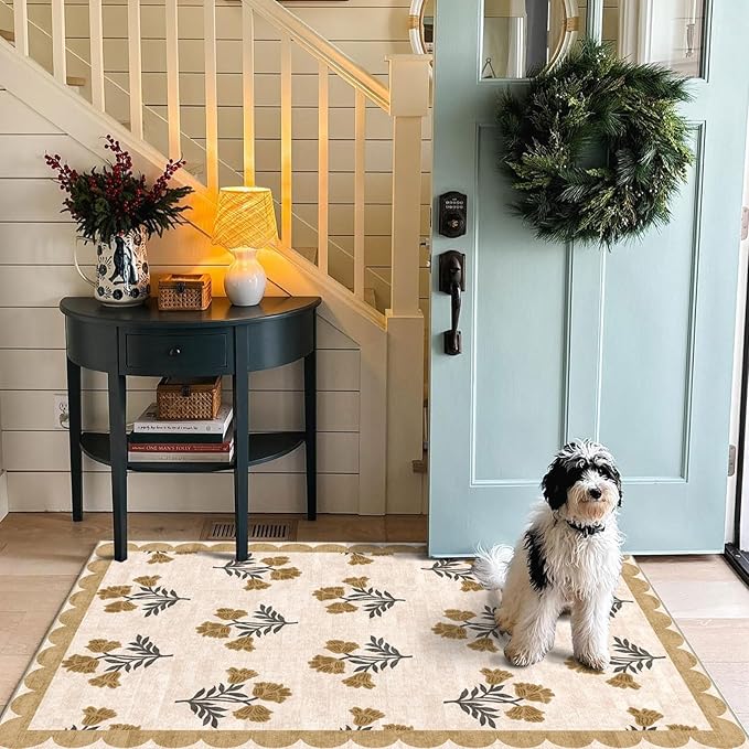 3x5 Floral Entry Rug - Small Washable Indoor Outdoor Mats for Front Door Non-Slip Porch Rug Beige Vintage Farmhouse Throw Rugs for Living Room Bedroom Entryway Kitchen Office Porch Decor