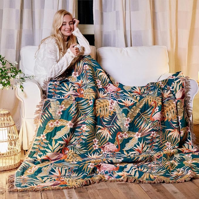 MSGKV Boho Throw Blanket for Couch 50"x60" 100% Cotton Jungle Animal Blanket Spring Breathable Lightweight Blankets for Sofa Home Decor Muslin All Seasons